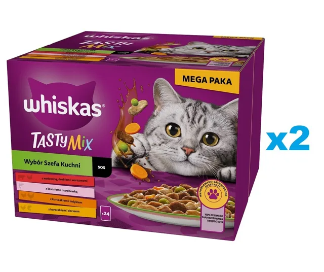 WHISKAS Adult Tasty Mix Výběr šéfkuchaře v omáčce, 48 × 85 g, kousky s hovězím masem, lososem, kuřecím masem a krůtím masem, kuřecím masem a treskou pro dospělé kočky