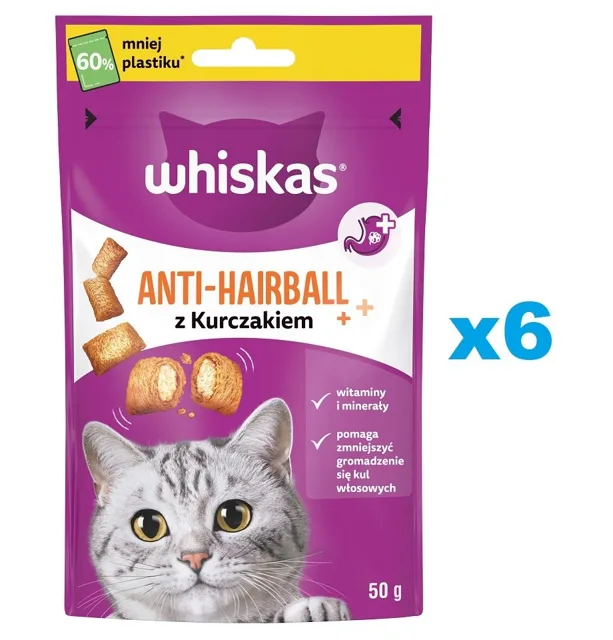 WHISKAS Anti-Hairball 6x50 g Pamlsky proti tvorbě trichobezoárů pro dospělé kočky