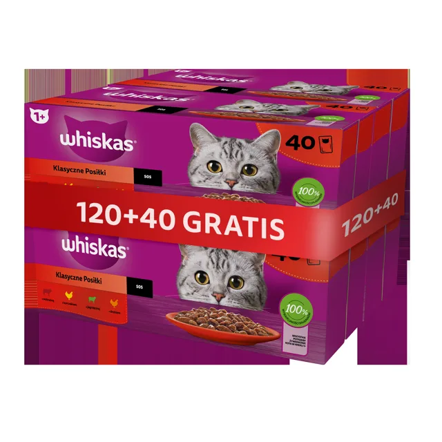 WHISKAS Classic Meals kompletní krmivo pro dospělé kočky v omáčce 120x85 g + 40 sáčků ZDARMA