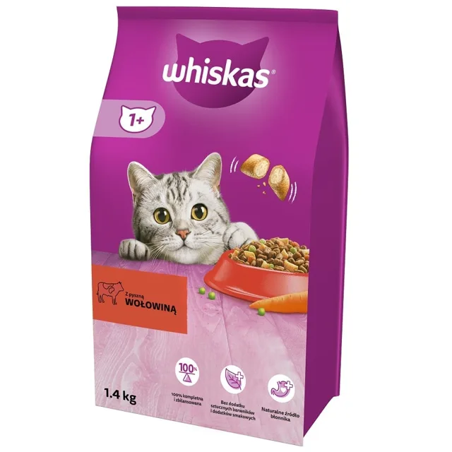 WHISKAS Dry Beef 1,4 kg - krmivo pro dospělé kočky, hovězí
