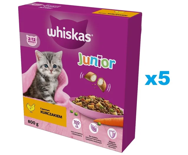 WHISKAS Junior 5x800 g kompletní krmivo pro koťata s lahodným kuřecím masem