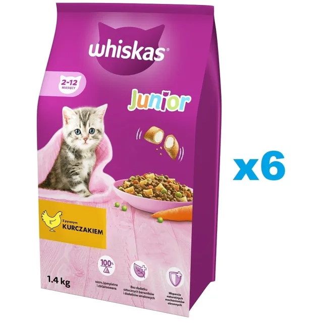 WHISKAS Junior 6x1,4 kg kompletní krmivo pro koťata s lahodným kuřecím masem