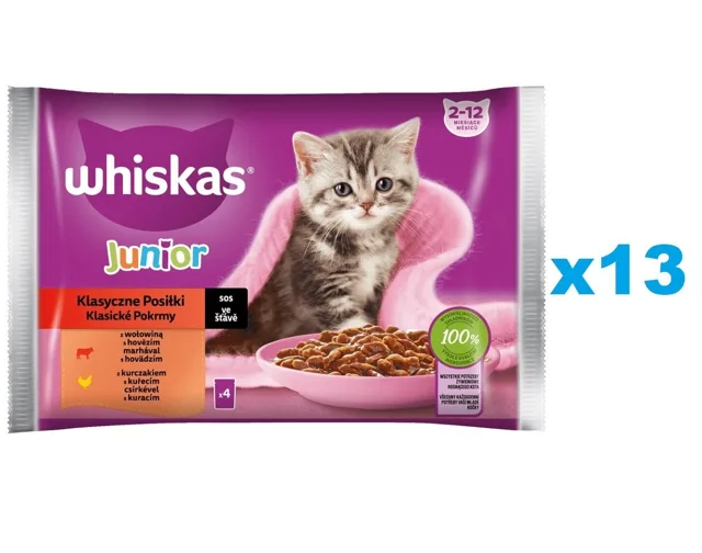 WHISKAS Junior sáček 52 × 85 g Klasické pokrmy mokré krmivo pro koťata v omáčce s hovězím a kuřecím masem
