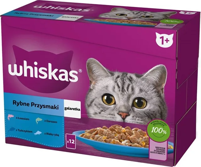 WHISKAS kapsička pro dospělé 12x85g Rybí pochoutky v želé s: lososem, tuňákem, treskou, bílou rybou