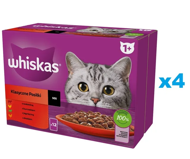 WHISKAS kapsička pro dospělé kočky 48x85g Classic Meals mokré krmivo pro kočky v omáčce, kousky s hovězím, kuřecím, jehněčím, drůbežím masem