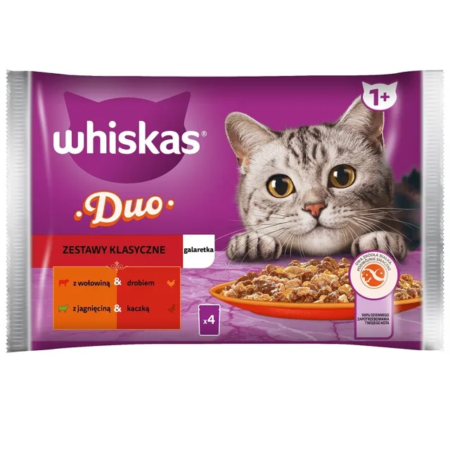 WHISKAS kapsička pro dospělé kočky 4x85g Classic Sets krmivo v želé kouskách s hovězím a drůbežím, jehněčím a kachním masem