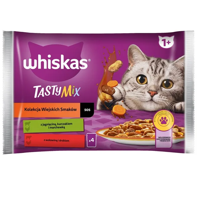 WHISKAS kapsička pro dospělé kočky 4x85g Country Flavors Collection krmivo pro kočky v omáčce s kousky jehněčího, kuřecího a mrkve, hovězího a drůbežího masa