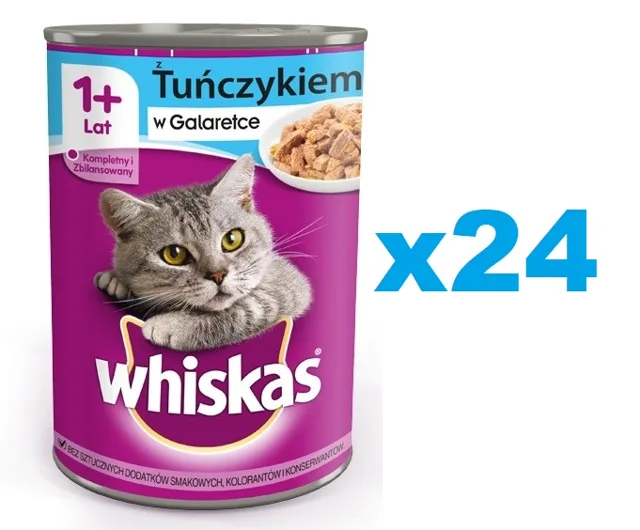 WHISKAS Konzerva pro dospělé kočky 24x400 g kompletní krmivo pro dospělé kočky, kousky s tuňákem v želé