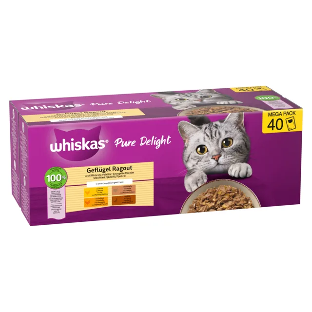 Whiskas Pure Delight 40 x 85 g - Drůbeží ragú v želé (4 druhy)