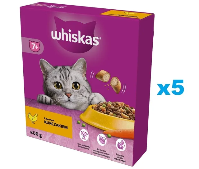WHISKAS Senior 5x800g krmivo s lahodným kuřecím masem pro starší kočky