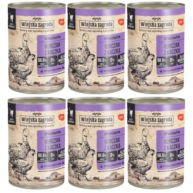 WIEJSKA ZAGRODA Kuřecí s kachnou 6x400 g konzervy pro dospělé kočky