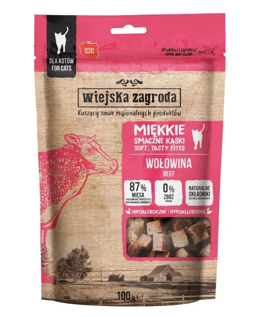 WIEJSKA ZAGRODA Měkké chutné kousky Hovězí pamlsky pro kočky 100 g