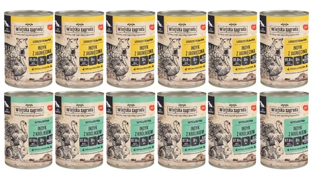 WIEJSKA ZAGRODA Mix chutí Krůta s jehněčím a Krůta s králíkem 12x400 g pro psy