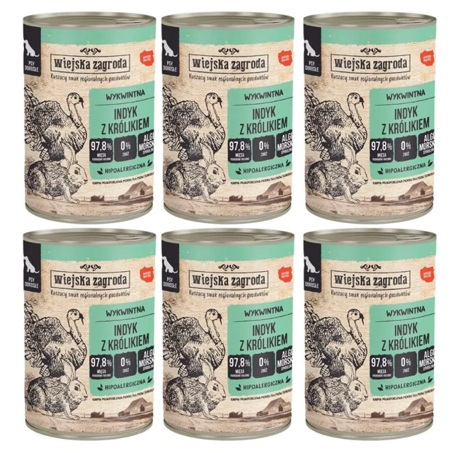 WIEJSKA ZAGRODA Mokré krmivo pro psy s krůtou a králíkem 6x400 g