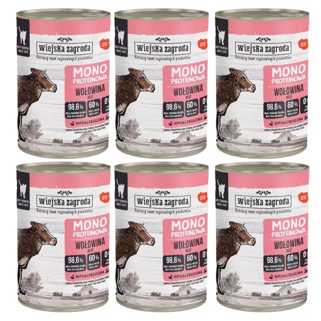 WIEJSKA ZAGRODA Monobílková hovězí konzerva pro kočky 6x400g