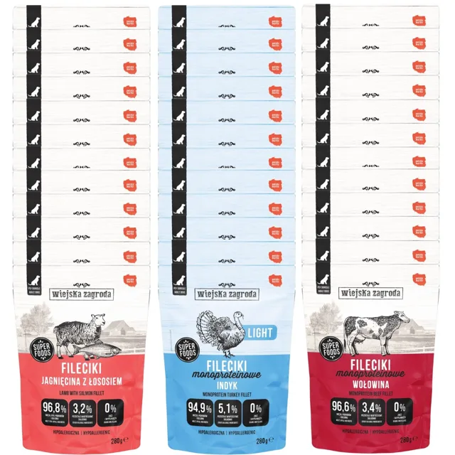 WIEJSKA ZAGRODA Monoproteinové filety Rural Farm Mix příchutí Hovězí, jehněčí s lososem a krůtou Lehké mokré krmivo pro psy 36x280 g