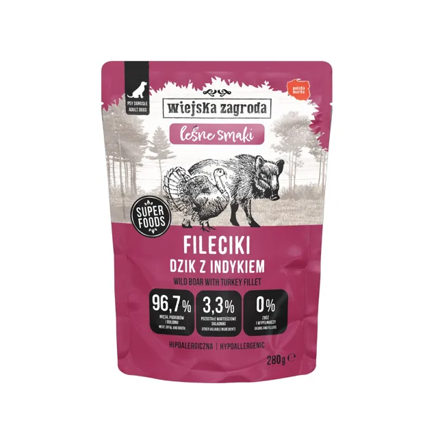 WIEJSKA ZAGRODA Monoproteinové filety z divočáka s příchutí krůty a lesních plodů 280 g mokré krmivo pro psy