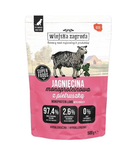 WIEJSKA ZAGRODA Monoproteinové mokré krmivo pro psy s jehněčím masem 500 g