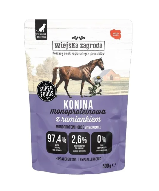 WIEJSKA ZAGRODA Monoproteinové mokré krmivo pro psy s koňským masem 500 g