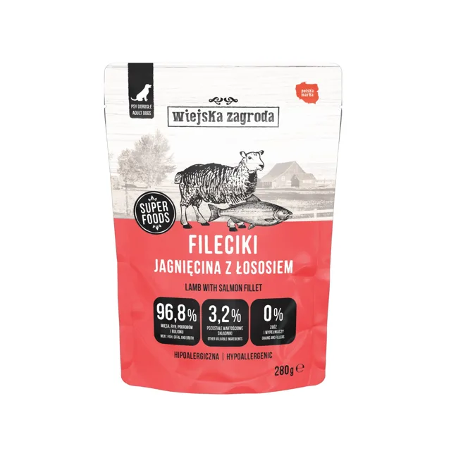 WIEJSKA ZAGRODA Monoproteinové plátky z jehněčího masa s lososem 280 g krmivo pro psy