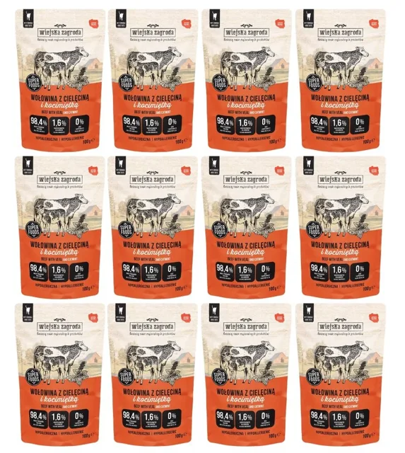 WIEJSKA ZAGRODA Superfoods Hovězí s telecím a kozlíkem mokrá krmiva pro kočky 12x100 g