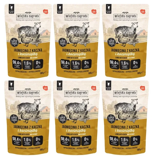 WIEJSKA ZAGRODA Superfoods Jehněčí s kachnou a kozlíkem mokrá krmiva pro kočky 6x100 g