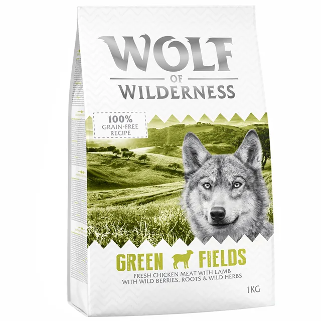 Wolf of Wilderness „Green Fields“ pro dospělé psy, kuřecí s jehněčím – bez obilovin - 1 kg: nová receptura