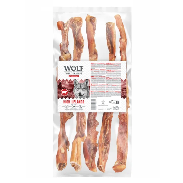Wolf of Wilderness Hovězí kůže extra dlouhá „High Uplands“ - 5 ks (500 g)