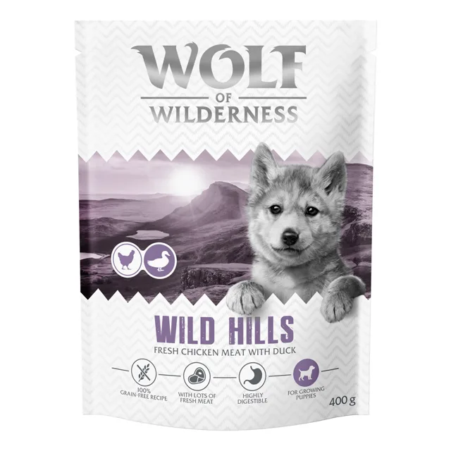 Wolf of Wilderness Junior "Wild Hills" bez obilné kachní - 1 kg: nová receptura