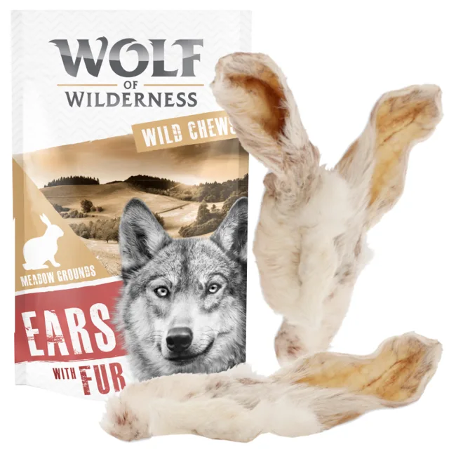 Wolf of Wilderness "Meadow Grounds" - králičí uši se srstí - 400 g (cca 20 ks)