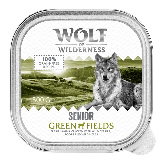 Wolf of Wilderness Senior - Duo-Protein receptura 6 / 24 x 300 g mističky - 6 x 300 g: smíšené balení (3x jehněčí a kuřecí, 3x kachní a telecí)