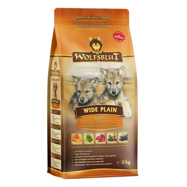 WOLFSBLUT Wide Plain Puppy suché krmivo pro štěňata s koňským masem a sladkými bramborami 12,5 kg