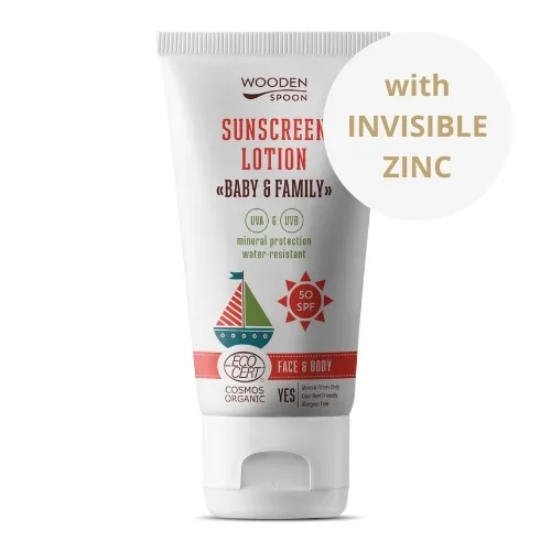 Wooden Spoon Opalovací tělové mléko Baby & Family SPF 50, 150 ml