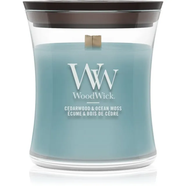 Woodwick Cedarwood & Ocean Moss vonná svíčka s dřevěným knotem 85 g