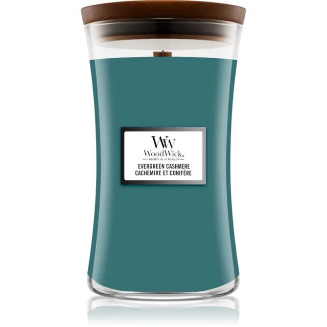 Woodwick Evergreen Cashmere vonná svíčka s dřevěným knotem 610 g