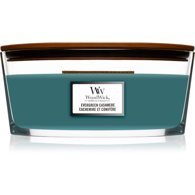 Woodwick Evergreen Cashmere vonná svíčka s dřevěným knotem (hearthwick) 453.6 g