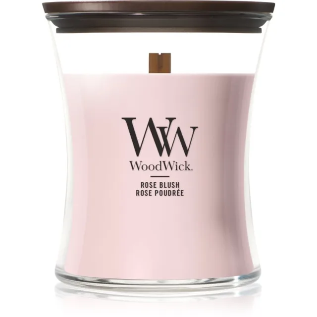 Woodwick Rose Blush vonná svíčka s dřevěným knotem 275 g