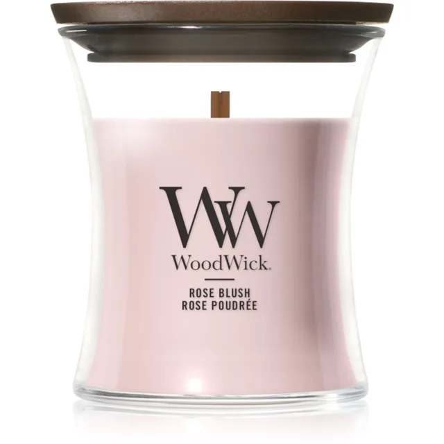 Woodwick Rose Blush vonná svíčka s dřevěným knotem 85 g