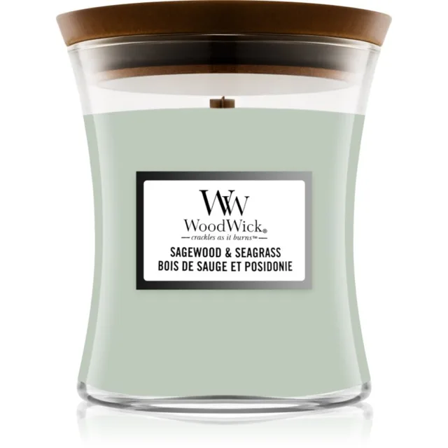 Woodwick Sagewood & Seagrass vonná svíčka s dřevěným knotem 275 g