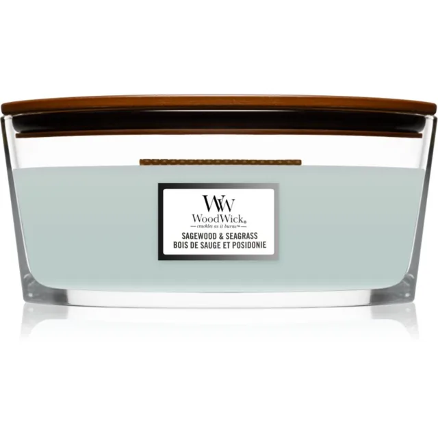 Woodwick Sagewood & Seagrass vonná svíčka s dřevěným knotem (hearthwick) 453,6 g