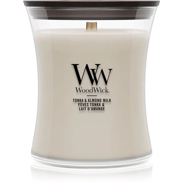 Woodwick Tonka & Almond Milk vonná svíčka s dřevěným knotem 275 g