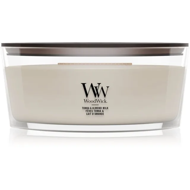 Woodwick Tonka & Almond Milk vonná svíčka s dřevěným knotem 453.6 g