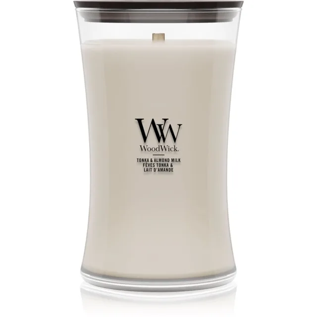 Woodwick Tonka & Almond Milk vonná svíčka s dřevěným knotem 610 g