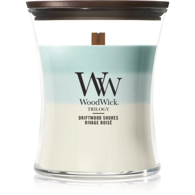 Woodwick Trilogy Driftwood Shores vonná svíčka s dřevěným knotem 275 g