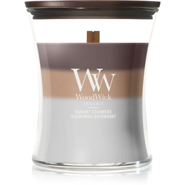 Woodwick Trilogy Radiant Cashmere vonná svíčka s dřevěným knotem 275 g