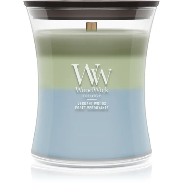Woodwick Trilogy Verdant Woods vonná svíčka s dřevěným knotem 275 g