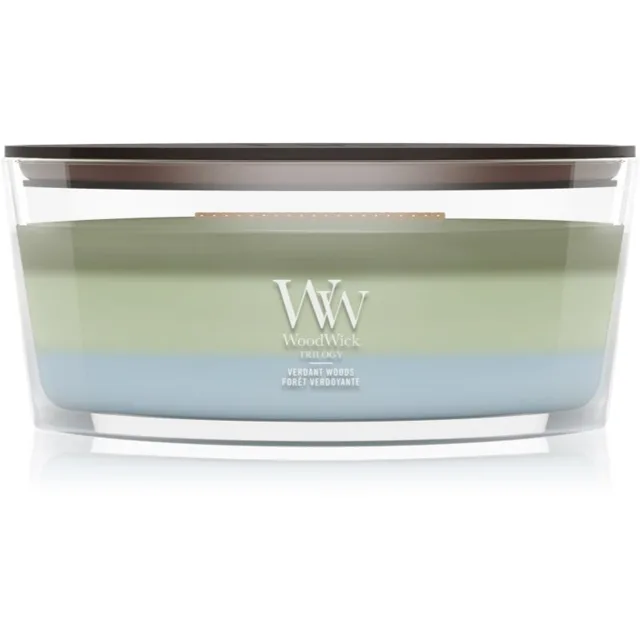 Woodwick Trilogy Verdant Woods vonná svíčka s dřevěným knotem 453.6 g