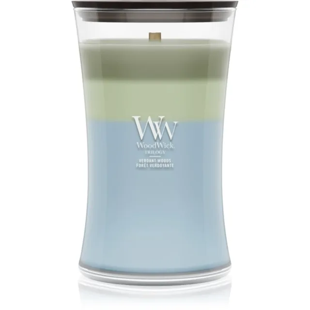 Woodwick Trilogy Verdant Woods vonná svíčka s dřevěným knotem 610 g