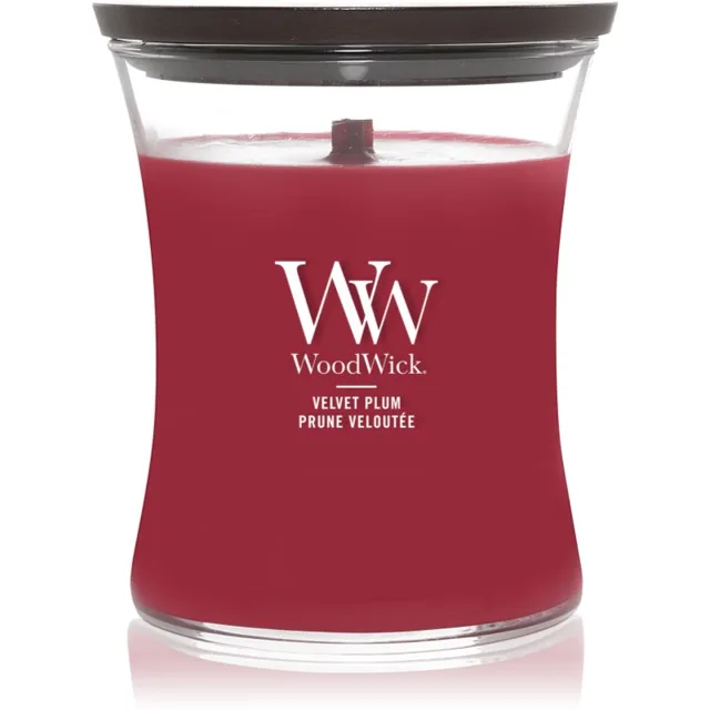 Woodwick Velvet Plum vonná svíčka s dřevěným knotem 275 g