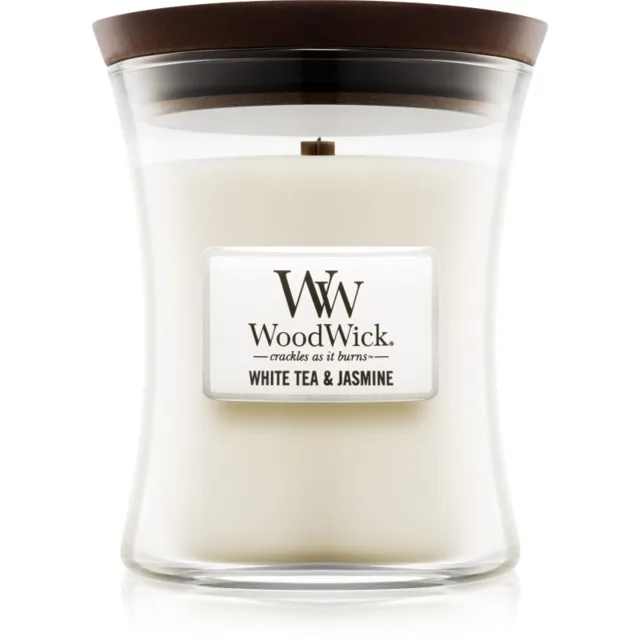 Woodwick White Tea & Jasmine vonná svíčka s dřevěným knotem 275 g
